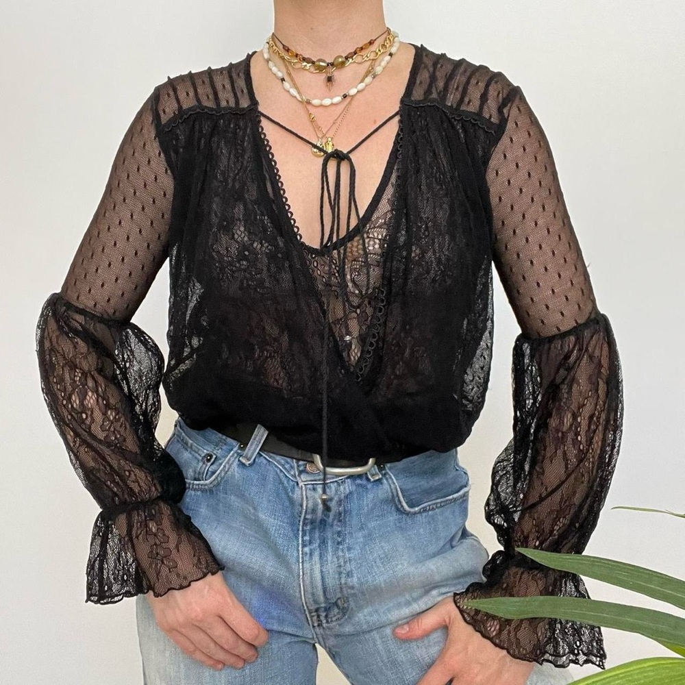 Free People Long sleeve semi sheer black lace blouse w ruffles at wrist - Picture 7 of 9